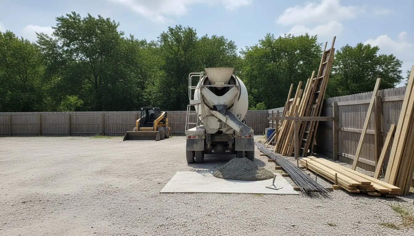 A finished concrete driveway or patio project in Bloomington, a wide shot showing the whole pour under flat daylight, no crew or vehicles in frame.