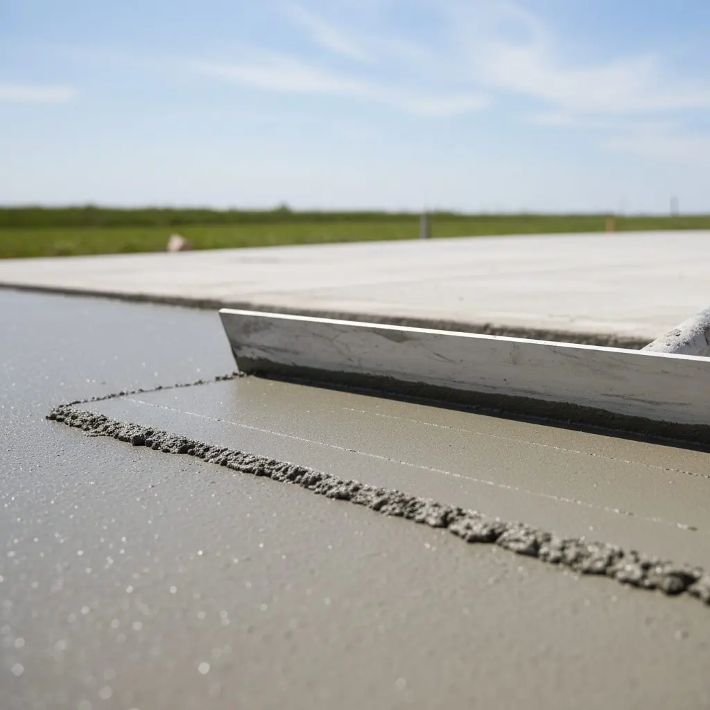 A close shot of fresh concrete being screeded level on a driveway pour, a hand tool visible, no faces or company vehicles in frame.