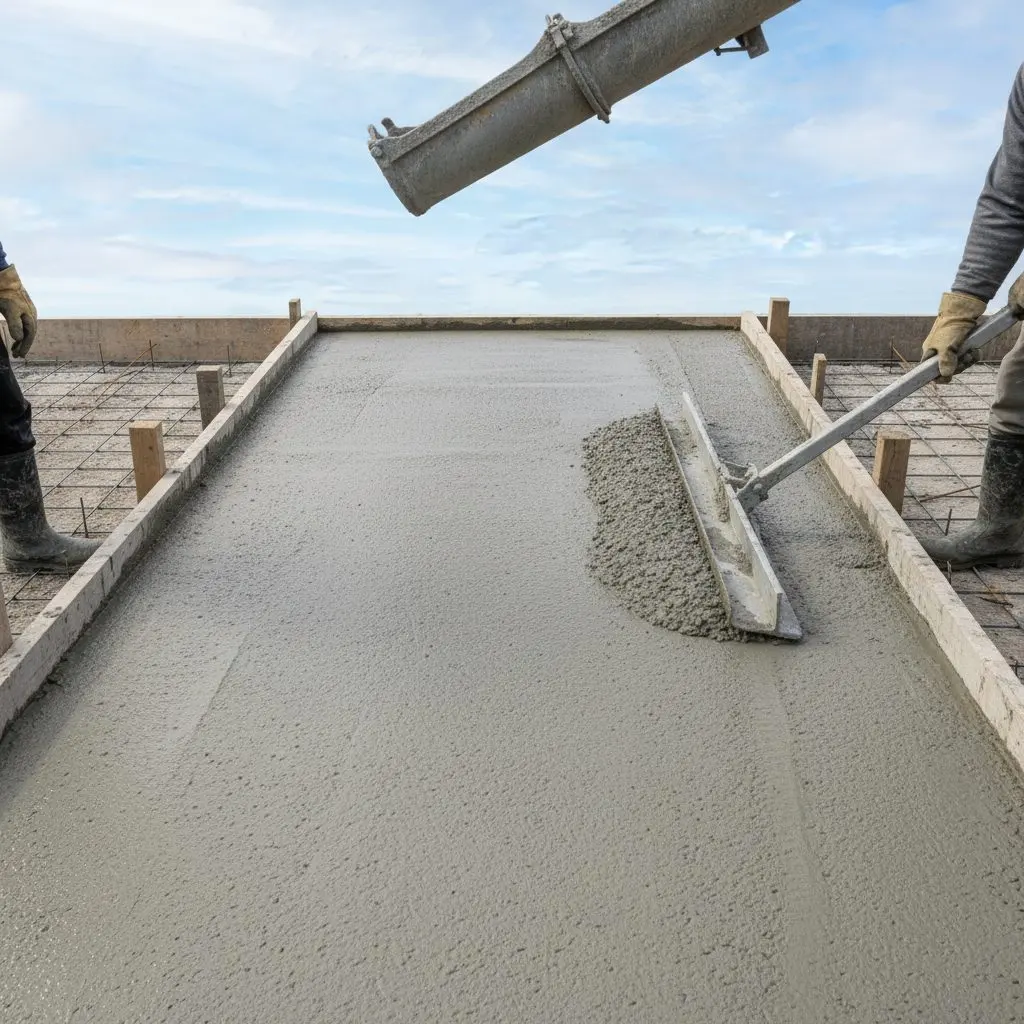 A crew screeding a freshly poured driveway slab between timber forms, wire mesh at the edge and the chute of a mixer truck at the top of the frame.