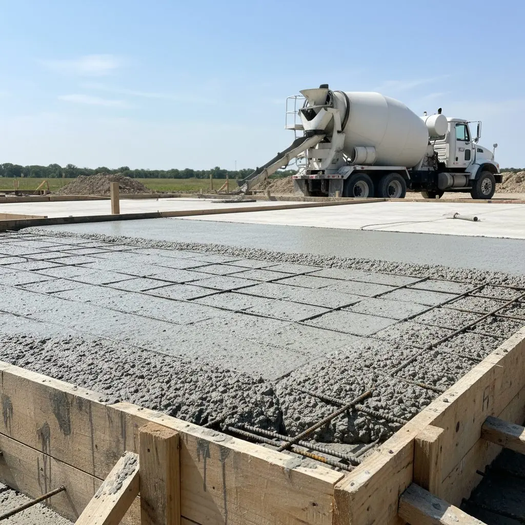 A commercial concrete slab being poured at a Bloomington site, forming and rebar visible, a delivery truck staged in the background.