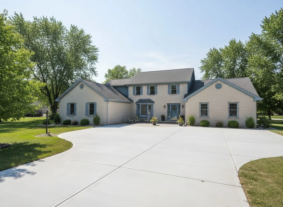 A finished driveway or patio in daylight, flat, clean and fully cured, the house visible behind it. No tools, no forms, no work in progress.