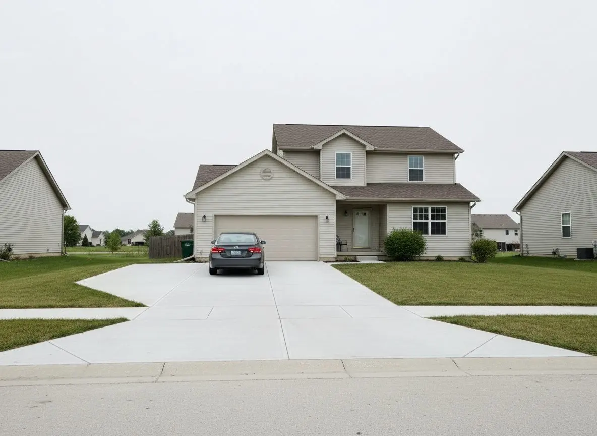 A finished residential driveway and apron in front of a house, swept, jointed and in use with a car parked on it. No tools, no forms, no work in progress.