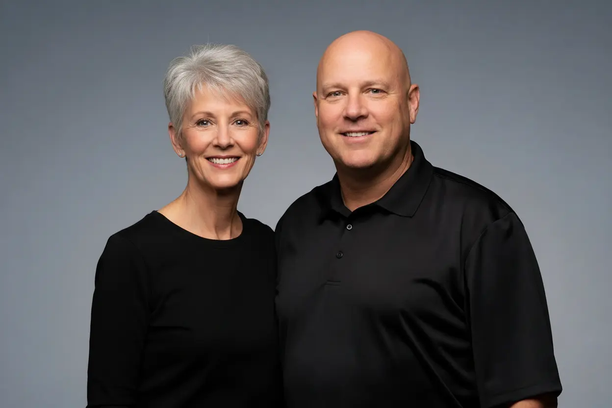 Greg and Karen Vollmer standing side by side in black work shirts against a plain gray backdrop, both smiling at the camera