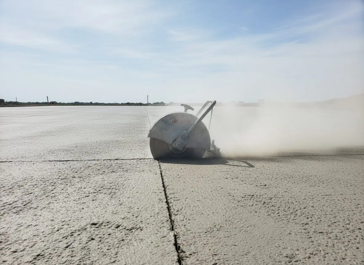 A control joint being cut into a slab with a walk-behind saw, the blade and the fresh cut line filling the frame, a fine dust trail behind it.