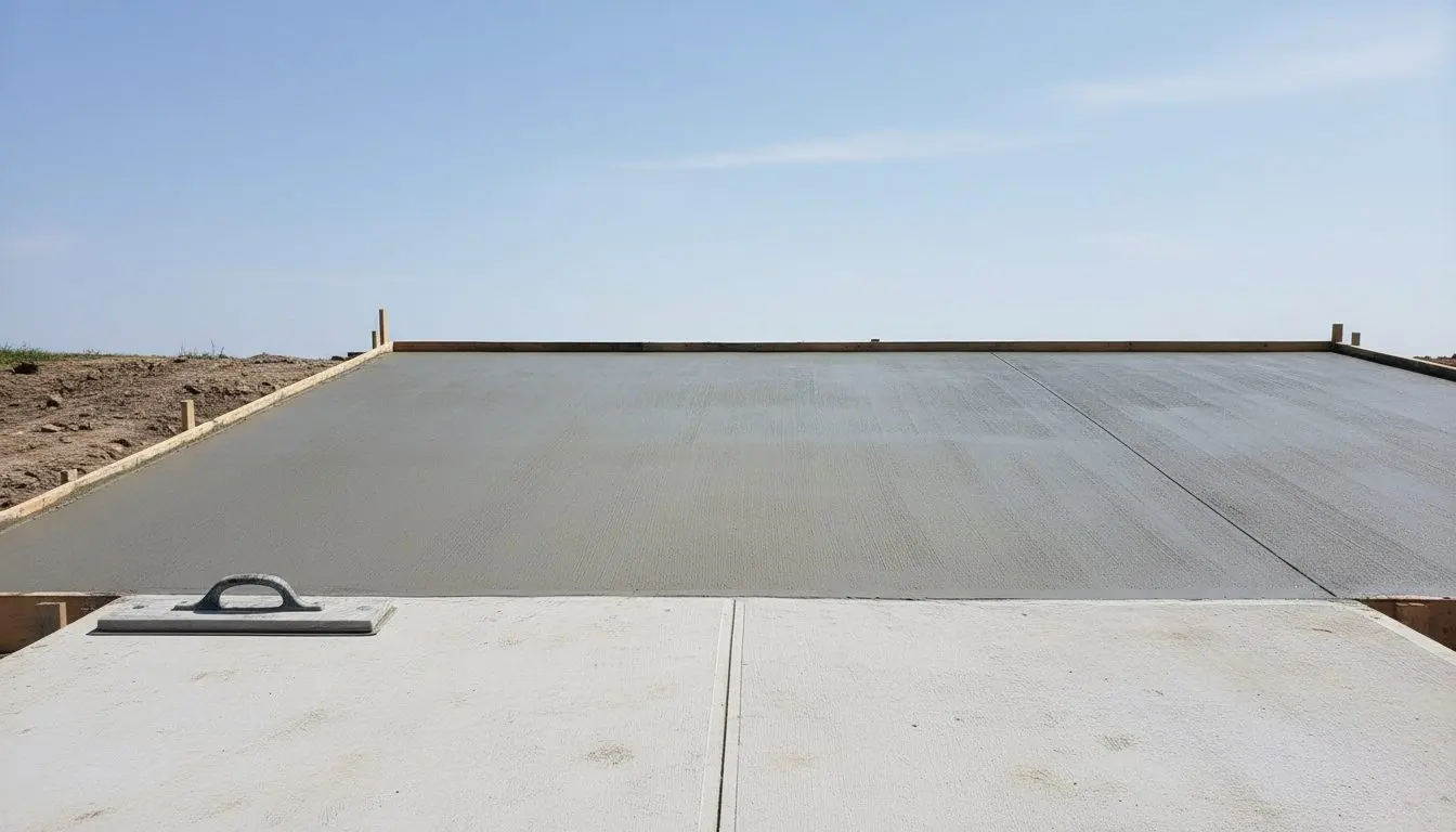 A freshly placed concrete driveway slab in Bloomington, broom finished with sharp edges against the forms, a magnesium float resting on the cured section.