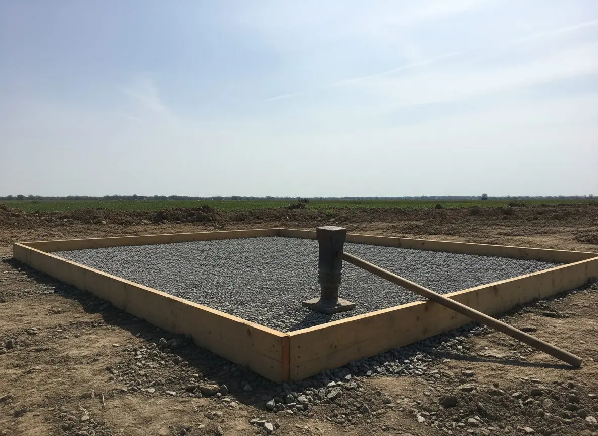 The subgrade before a pour, compacted dense graded base visible inside the wooden forms, a hand tamper resting at the edge. No concrete placed yet.