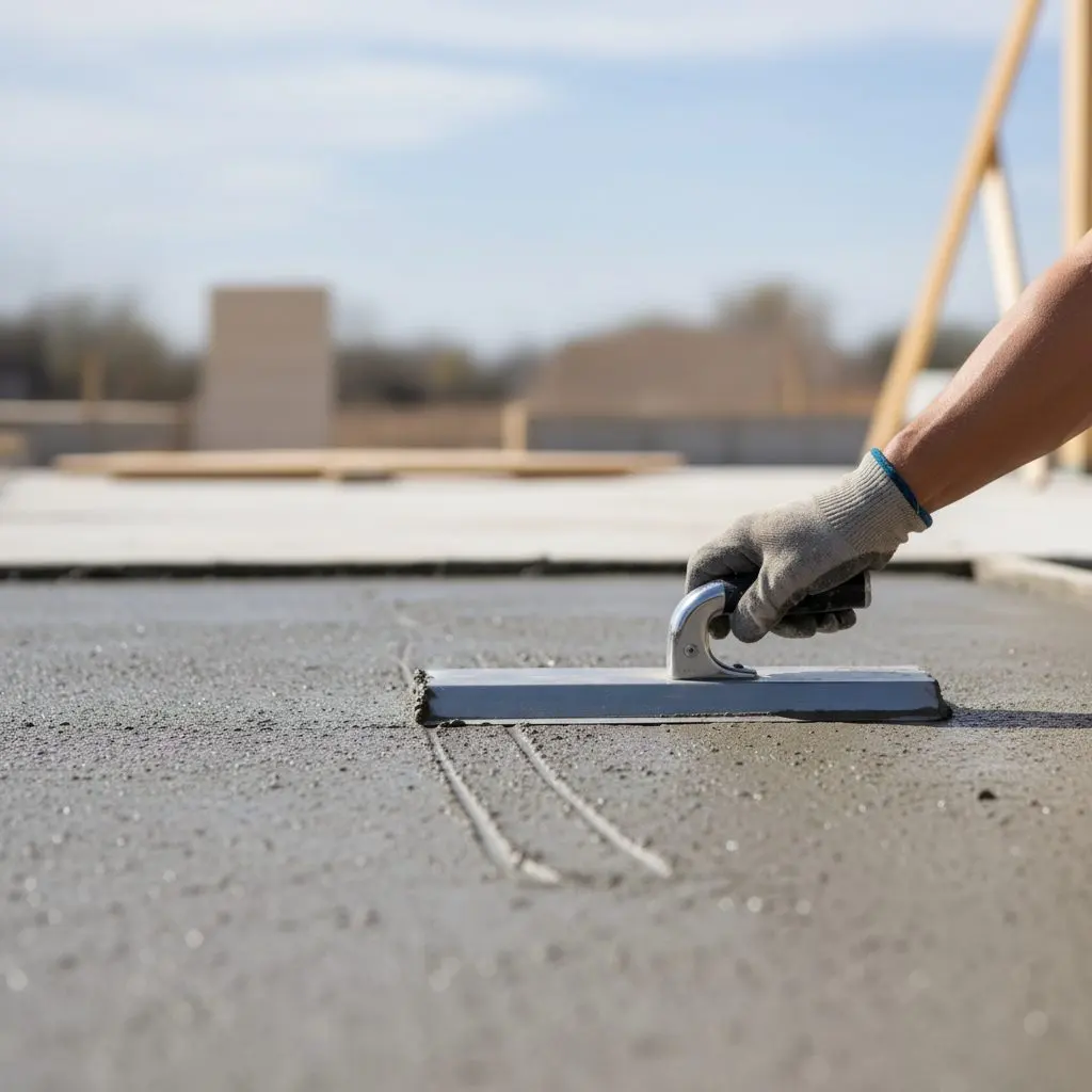 A finishing trowel drawn across wet concrete, the blade and the wet surface filling most of the frame, a hand and forearm entering from the edge.