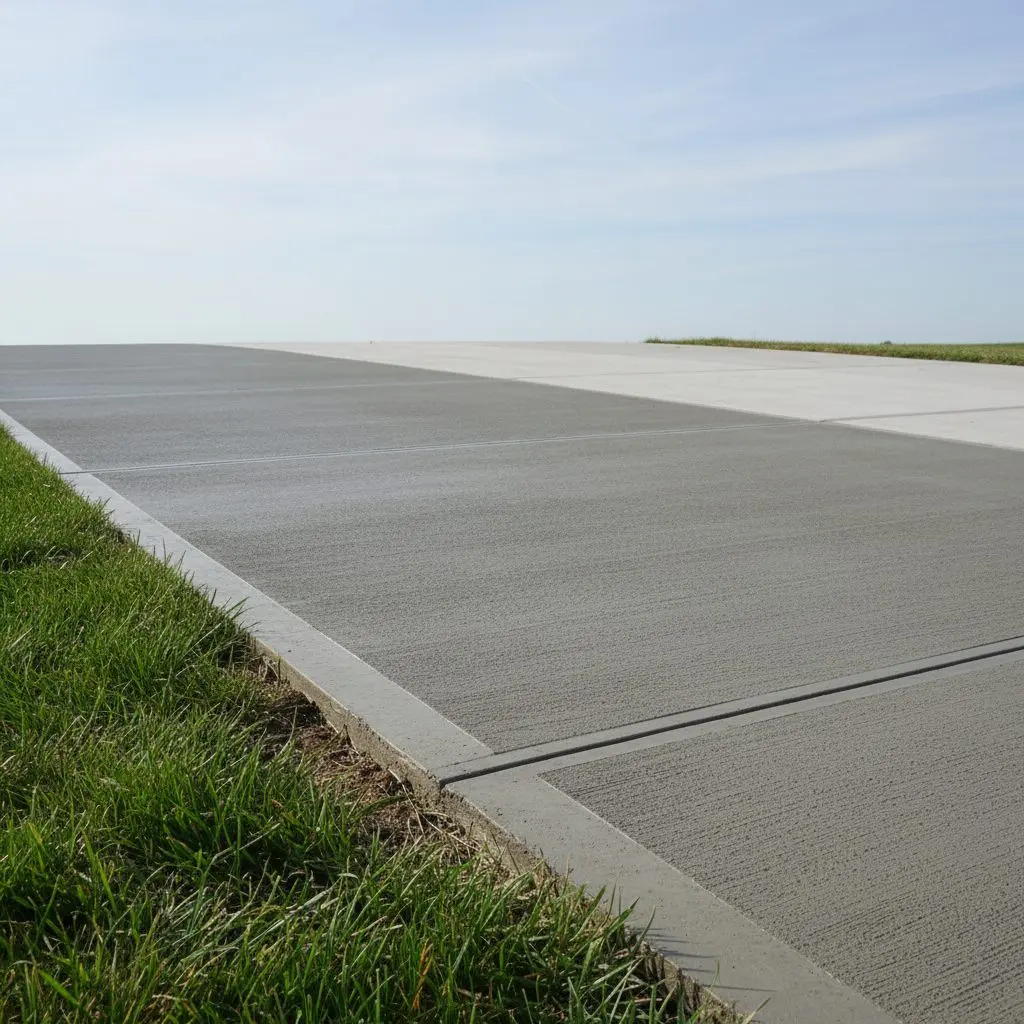 A close shot of a finished residential concrete driveway edge against a lawn, clean control joints, no house numbers or people in frame.