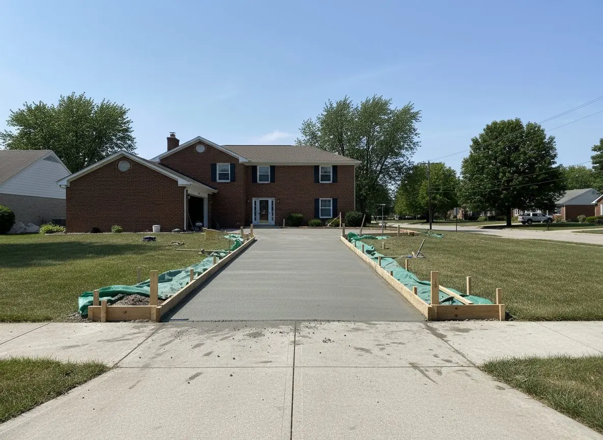 A residential driveway pour at a Bloomington house with the lawn and walkway edges protected, forming visible, no faces in frame.