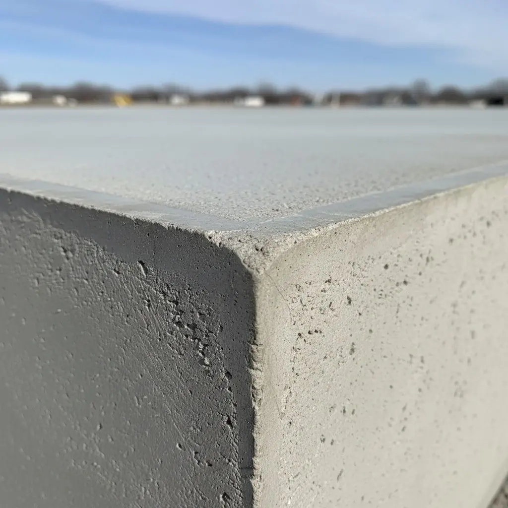 A section of freshly poured concrete driveway, the surface screeded flat and control joints already cut in, no people or equipment in frame.