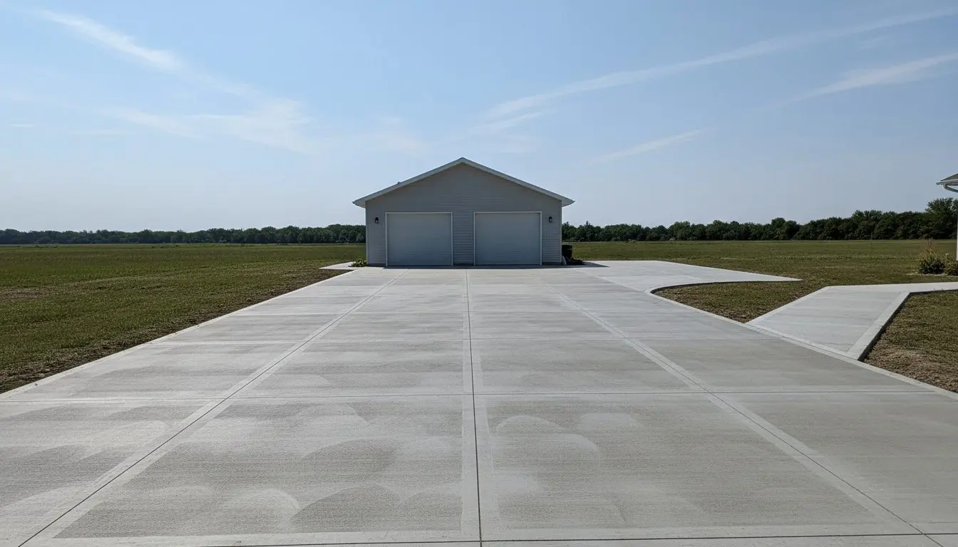 A finished concrete driveway or patio in Bloomington, the surface clean and evenly cured under flat daylight.