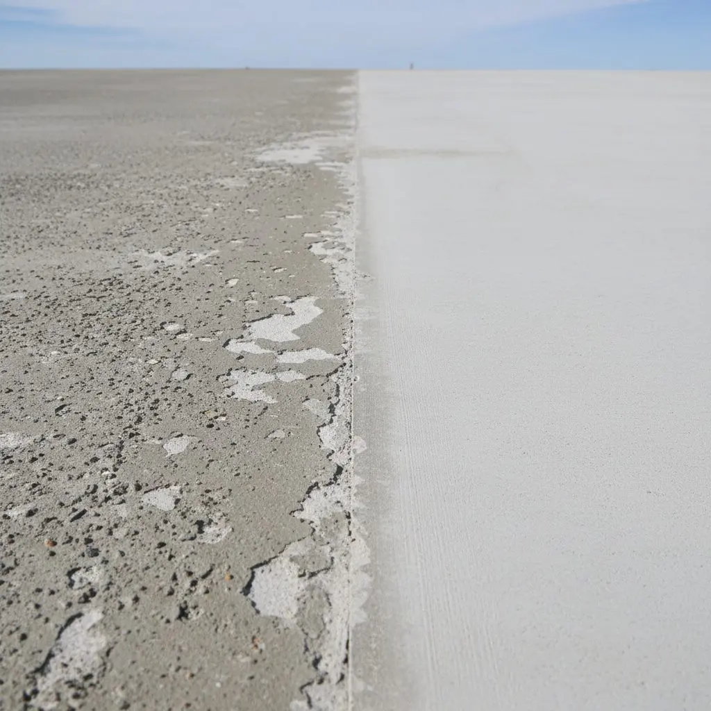 A close view of a scaled and pitted concrete surface next to an undamaged section of the same slab, the texture difference visible between the two.