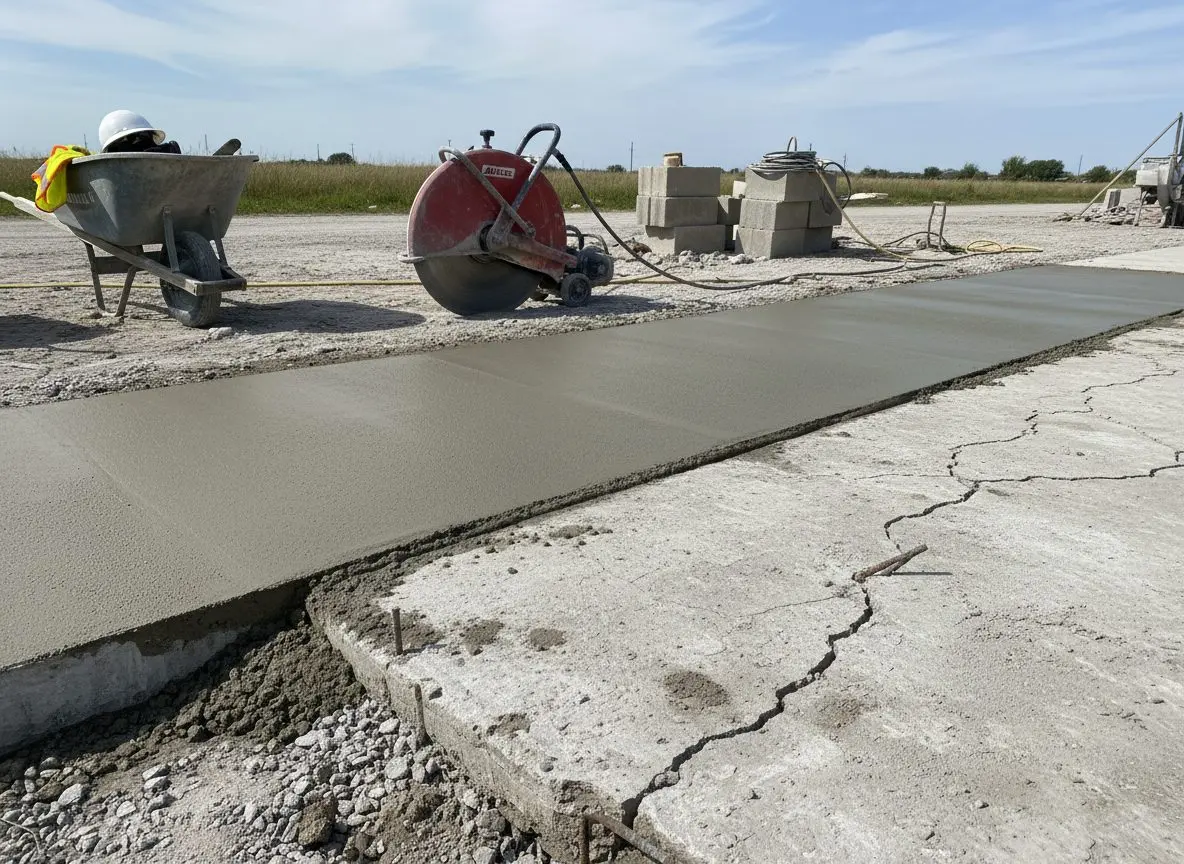 A section of freshly saw-cut concrete edge beside an area of old cracked slab waiting to be removed.