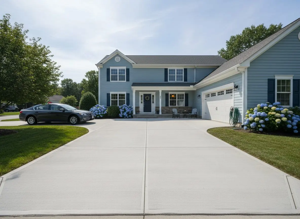 A finished, level concrete driveway with no visible cracking or repair patches, photographed as the completed result.