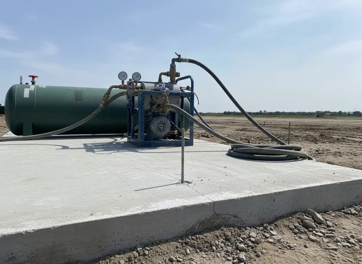 A thin foam injection port drilled into a settled concrete slab, the lifting equipment connected and ready.