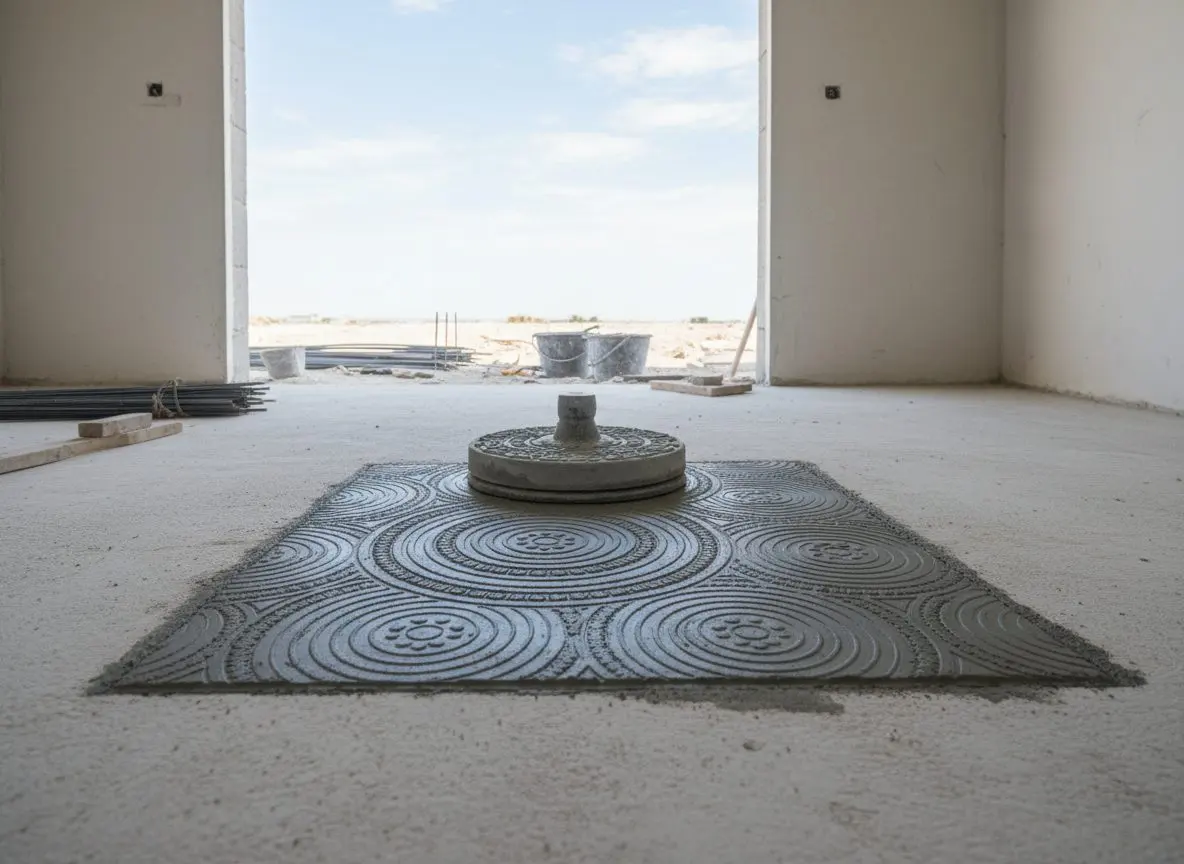 A stamp tool being pressed into wet colored concrete, the pattern forming in the surface.