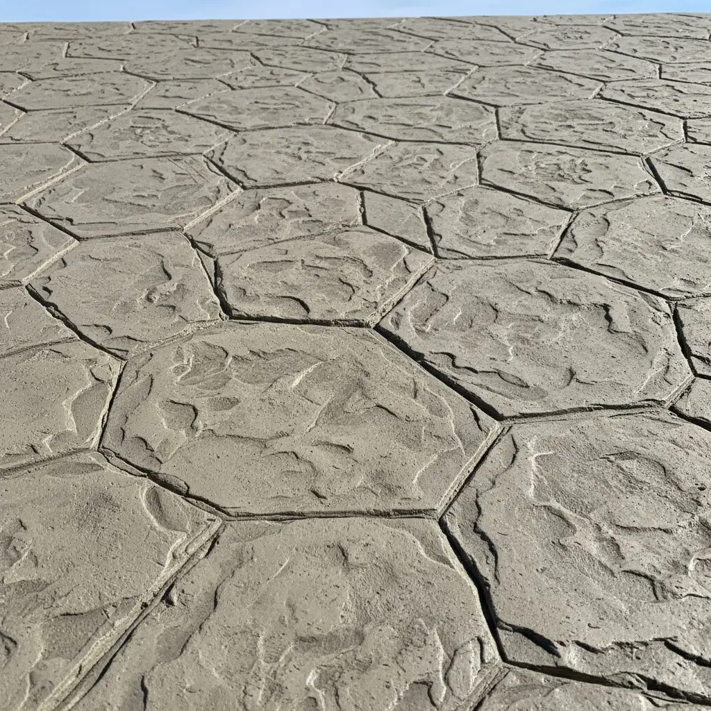 A close view of stamped concrete showing the texture of a stone pattern and the depth of integral color through the surface.