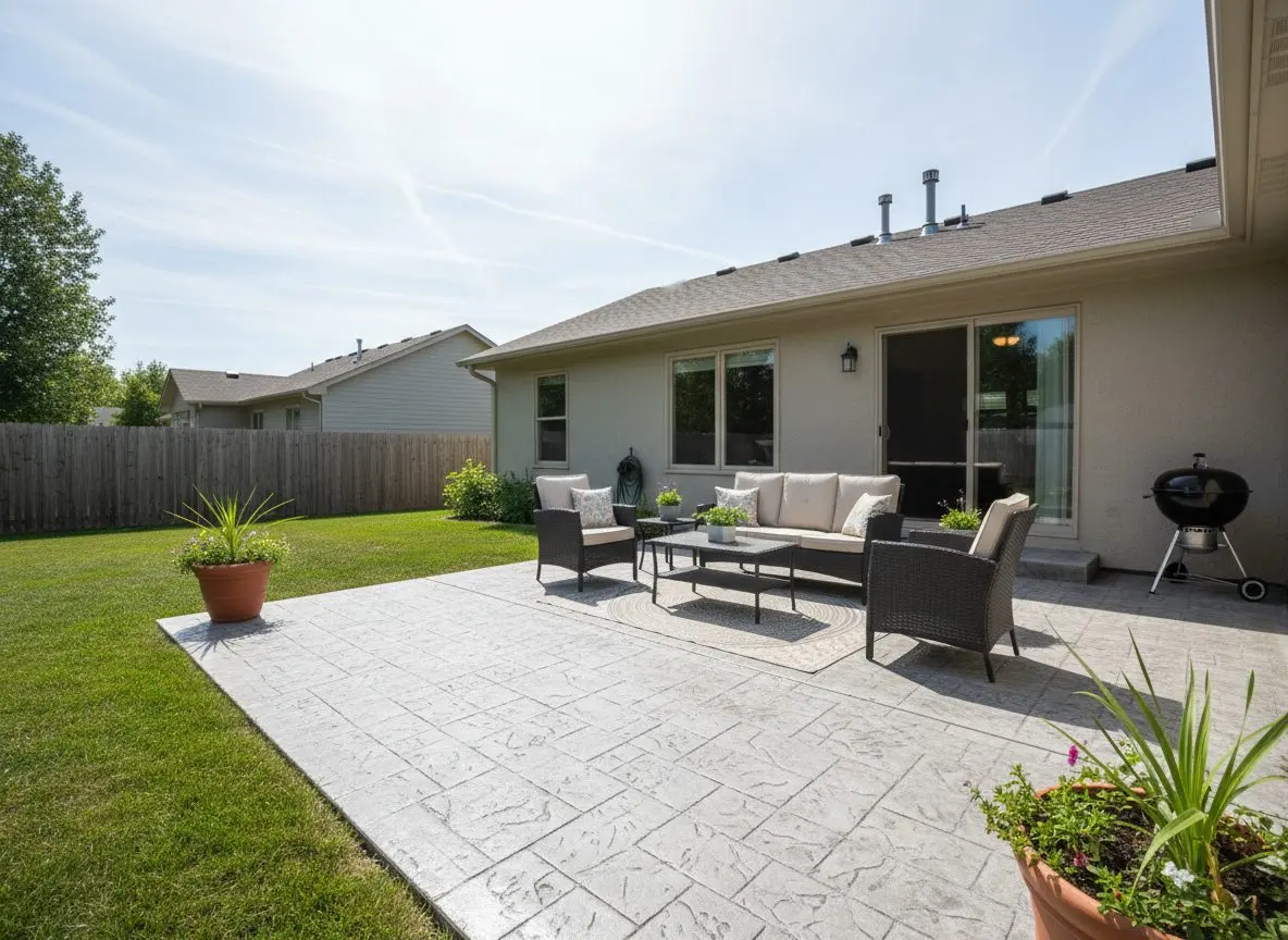 A finished stamped and sealed patio in good condition, photographed as the completed outdoor space rather than the work in progress.