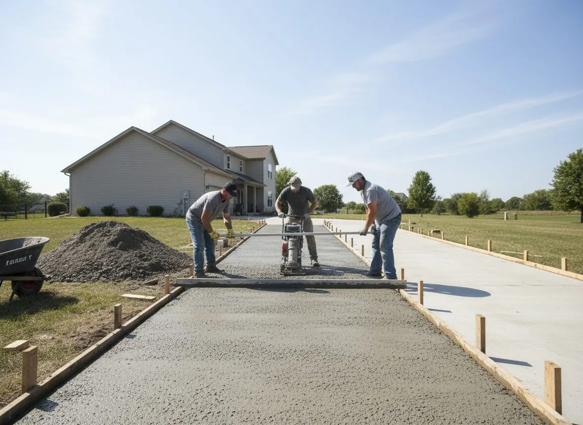 A driveway mid-pour, a crew screeding fresh concrete level inside the forms with a straight edge.