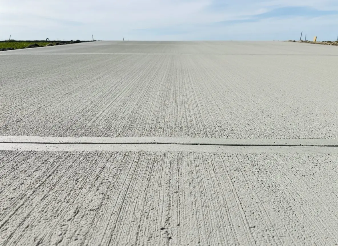 A close view of a broom-finished driveway surface showing the texture and a straight control joint line.
