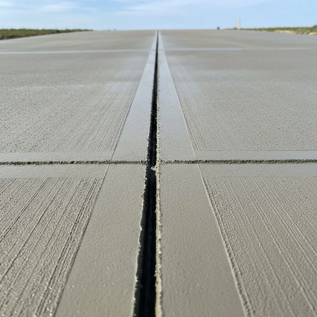 A close view of a driveway control joint freshly cut into wet concrete with a groover and straight edge, broom-textured surface either side of the line.