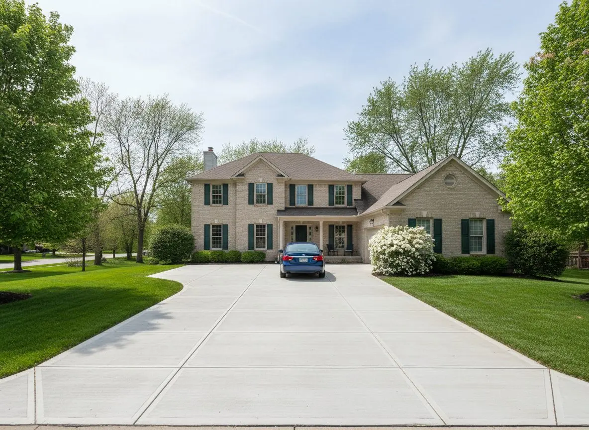 A finished driveway in front of a well kept Bloomington house, clean broom-finished surface, no visible cracking, a car parked on it.