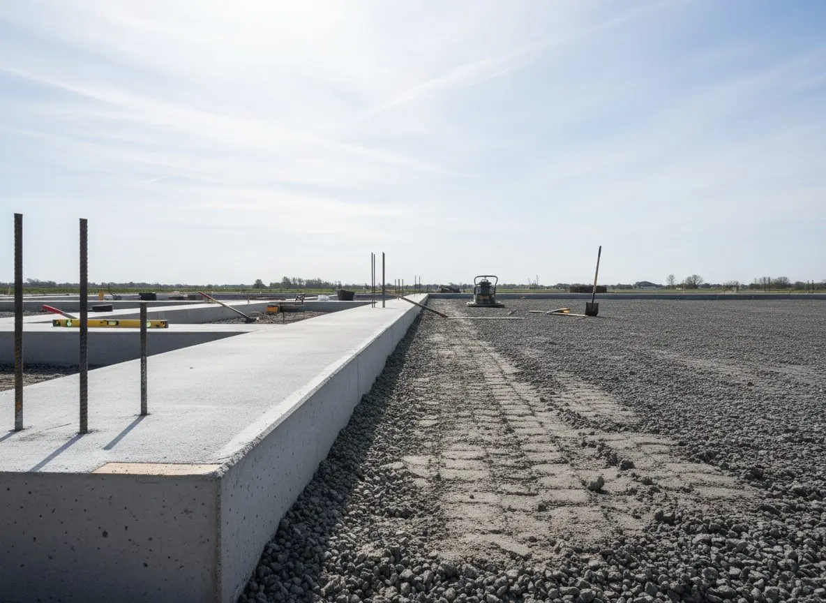 A formed foundation footing beside an unformed compacted base for a floating slab, showing the difference in preparation between the two.