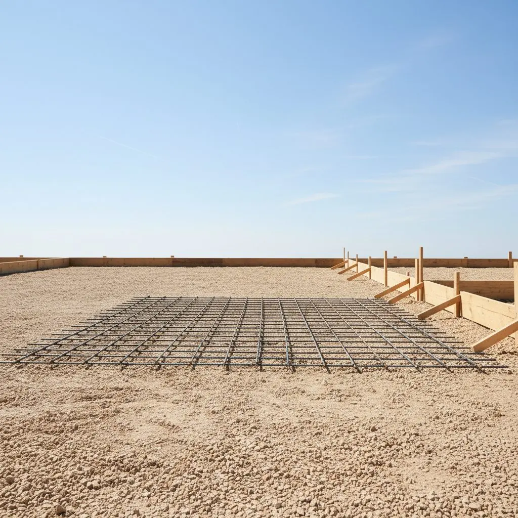 A compacted gravel base with a rebar grid tied across it, ready for a concrete pour, at the edge of a formed foundation footing.