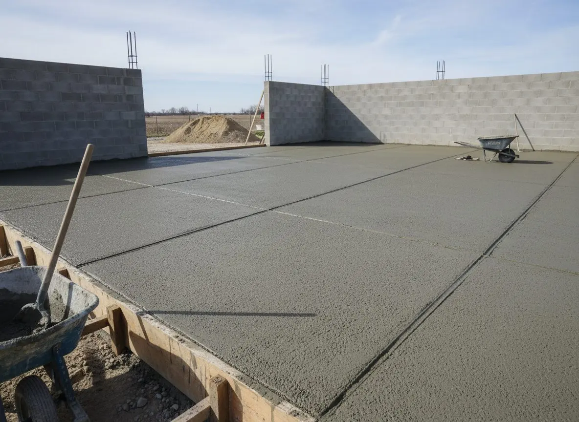 A newly poured concrete garage slab with control joints cut into the surface, formwork still standing at the edges.