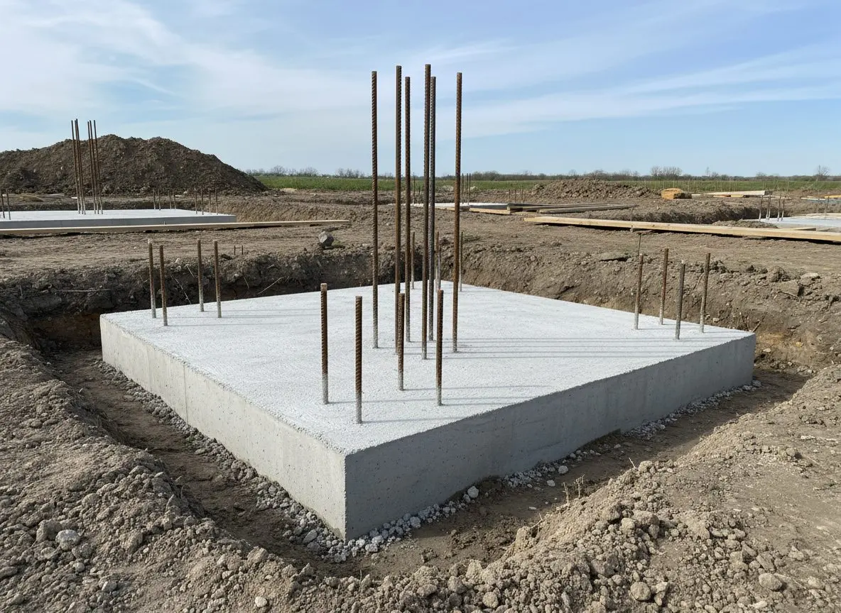 A stripped concrete footing at the base of a foundation wall, the top of the pour and the rebar dowels left standing for the wall above it.