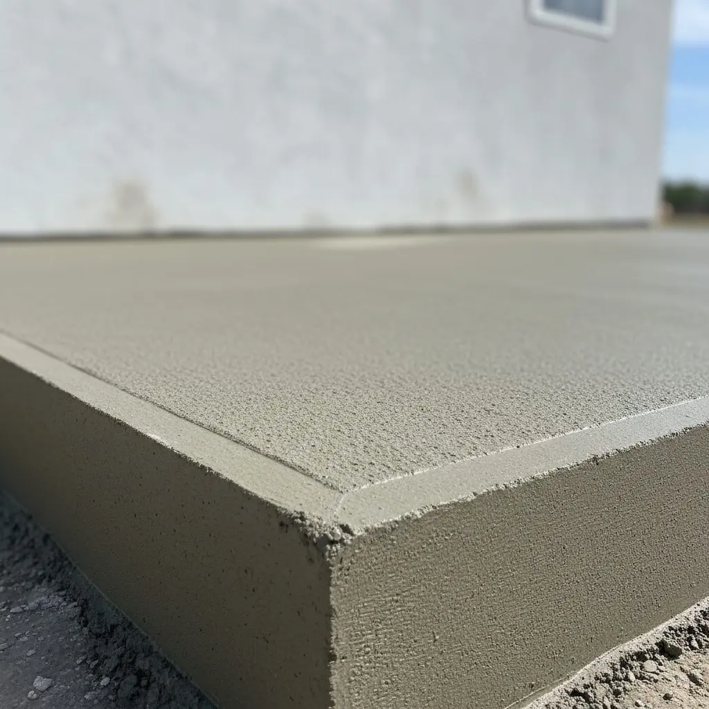 A close view of a patio slab edge showing the slope of the surface running away from a house wall, textured finish visible.