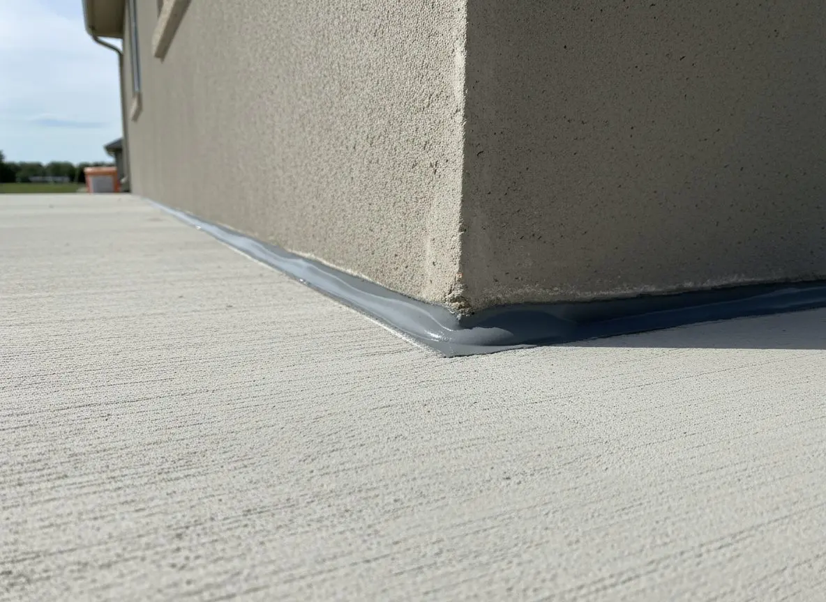 A close view of an expansion joint filled with sealant where a patio slab meets a house foundation wall.