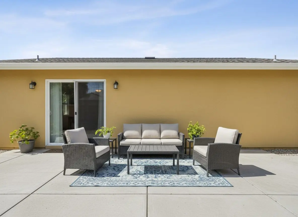 A finished backyard patio with outdoor furniture set on it, clean textured surface, a house wall visible behind.