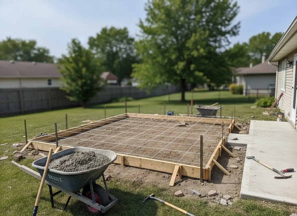A newly formed patio area with wooden forms staked out in a backyard, string lines marking the slope before the pour.
